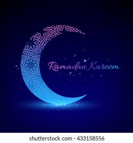 Ramadan kareem. Muslim holiday background design vector illustration. Greeting card poster flyer backdrop. Beautiful glow light moon with sparkles.
