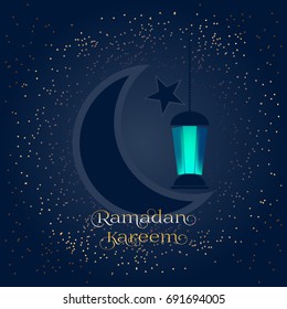 Ramadan Kareem. The Muslim holiday. A crescent, a star and a lantern on the night, blue, starry sky