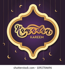 Ramadan Kareem. Muslim holy month illustration with lettering. Hand sketched text with pending crescents. Isolated on dark violet background. Ramazan holiday.