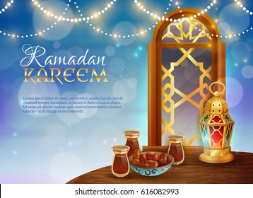 Ramadan kareem muslim holy month traditional festive food and light guirlande decorative background realistic poster vector illustration 