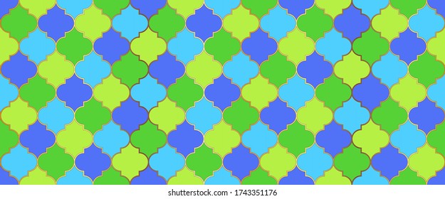 Ramadan Kareem Muslim Illustration. Seamless Moroccan Mosaic Pattern. Traditional Ramadan Golden Mosque Tile. Iranian Mosque Window Grid. Moroccan Seamless Ornament Eid Mubarak Islamic Background.