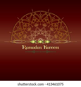Ramadan kareem - muslim islamic holiday celebration greeting card or wallpaper with golden arabic calligraphy and lace oriental arabesque ornament