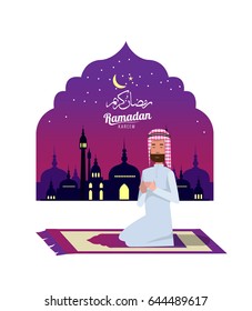 Ramadan Kareem. Muslim man praying and Scene with Mosque or Masjid in Background. flat design elements. vector illustration