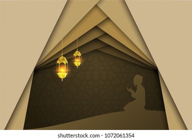 Ramadan Kareem with Muslim man.paper art style.