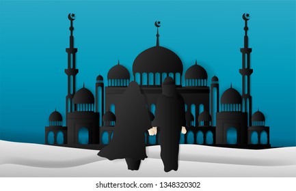 
ramadan kareem, Muslim mosque with two Muslims, blue background, paper art