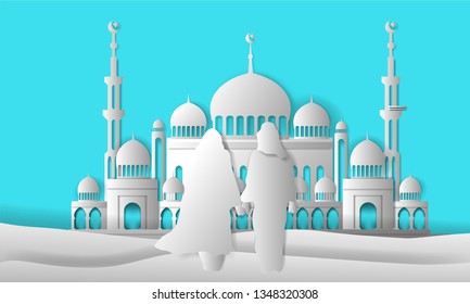 
ramadan kareem, Muslim mosque with two Muslims, blue background, paper art