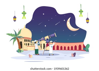 Ramadan Kareem, Muslim people search at the sky with a telescope for the new moon that signals the start of the Holy month of Ramadan. Flat vector template Style for Web Landing Page, Background.