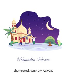 Ramadan Kareem, los musulmanes buscan en el cielo con un telescopio para la luna nueva que señala el inicio del mes sagrado de Ramadán. Estilo de plantilla vectorial plana para la página de aterrizaje web, fondo.