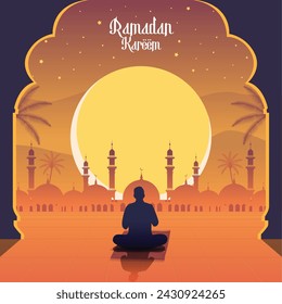 Oración musulmana de Ramadán Kareem con luna grande