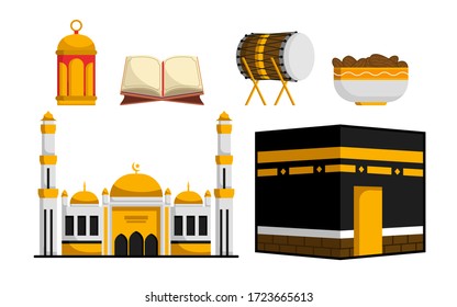 Ramadan Kareem Muslim symbol set in flat style design. Mosque, kabaa, drum, date palm, lantern lamp. alquran. Islamic greeting vector collection.