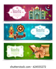 Ramadan kareem muslims religious holy month fasting practice symbols 3 colorful background banners set isolated vector illustration