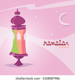 Ramadan Kareem. National Arabic feast. Lamp concept on the background of the starry sky and moon. Flat vector illustration in cartoon style