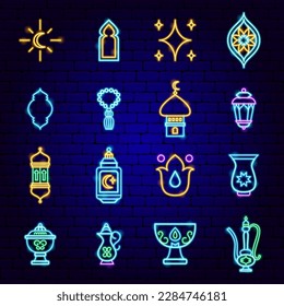 Ramadan Kareem Neon Icons. Vector Illustration of Isslamic Holiday Symbol.