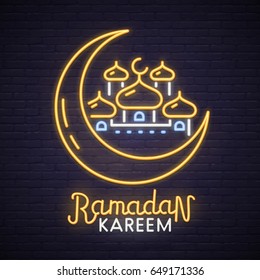 Ramadan Kareem neon sign. Neon sign, bright signboard, light banner. 