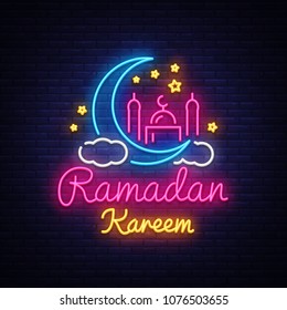 Ramadan Kareem neon sign. Ramadan Kareem vector banner in neon style, night bright signboard, celebration of Muslim community festival, islamic greeting design, greeting card, advertising
