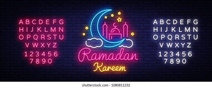 Ramadan Kareem neon sign. Ramadan Kareem vector banner in neon style, night bright signboard, celebration of Muslim community festival, islamic greeting design, greeting card. Editing text neon sign