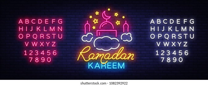 Ramadan Kareem neon sign. Ramadan Kareem vector banner in neon style, night bright signboard, celebration of Muslim community festival, islamic greeting design, greeting card. Editing text neon sign Ramadan Kareem neon sign. Ramadan Kareem vector banner in neon style, night bright signboard, celebration of Muslim community festival, islamic greeting design, greeting card. Editing text neon sign
