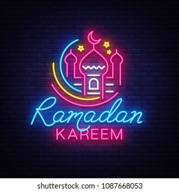Ramadan Kareem neon sign vector, leaflet design template concept of lines with colored crescent and mosque, Islamic banner background design, neon symbol, modern trend design, Islamic holiday vector