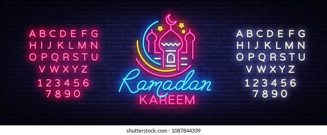 Ramadan Kareem neon sign vector, leaflet design template concept of lines with colored crescent and mosque, Islamic banner background design, neon symbol, modern trend design. Editing text neon sign