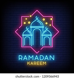 Ramadan Kareem neon sign vector with lettering and crescent moon and star and lantern against a brick wall background. Vector illustration.