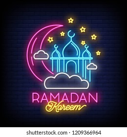 Ramadan Kareem neon sign vector with lettering and crescent moon and star and lantern against a brick wall background. Vector illustration.