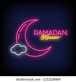 Ramadan Kareem neon sign vector with lettering and crescent moon and star against a brick wall background. Ramadan Kareem Arabic and Calligraphy. Vector illustration.