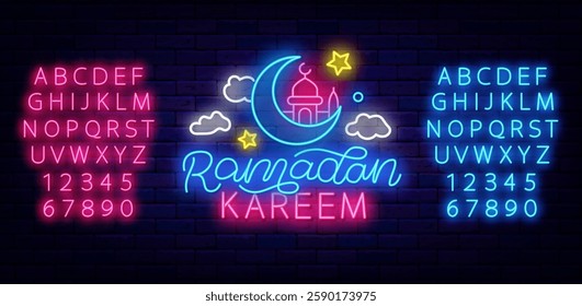 Ramadan Kareem neon signboard. Islamic religious holiday. Eid Mubarak. Vector stock illustration
