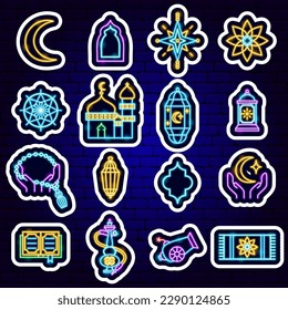 Ramadan Kareem Neon Stickers. Vector Illustration of Religion Arabian Glowing Concept.