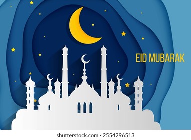 Ramadan kareem, night banner template, poster, greeting card. Cute mosque and lantern displayed on stages with glowing light in the evening. Translation: Eid mubarak. 3d paper cut