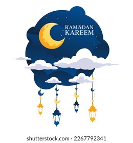 Ramadan Kareem Night Crescent Moon with Cloud Vector Illustration