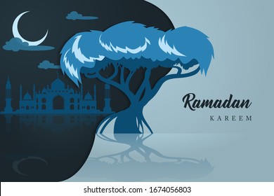 Ramadan Kareem in Night Nature Vector Design with the Big Tree