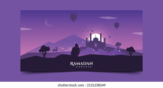 Ramadan kareem night sky landscape background illustration template design