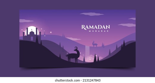 Ramadan kareem night sky landscape background illustration template design