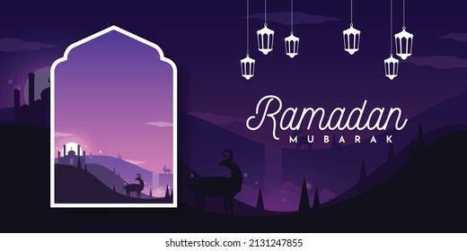 Ramadan Kareem Night Sky Landscape Background Illustration Template Design