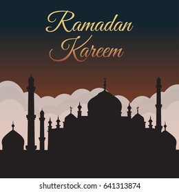 Ramadan Kareem. Night sky with mosque silhouette and clouds. Arabic background