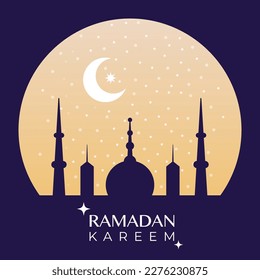 Ramadan Kareem. Nachtskyline mit Moschee-Kuppel, Mond und Sternen. Vektorgrafik, flaches Design