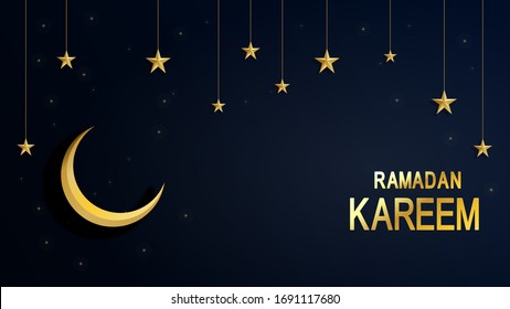 Ramadan Kareem. Night starry sky bright moon, half a month. Traditional Islamic holy holiday. Design greeting card, web banner, poster. Vector background