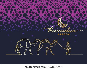 Ramadan kareem night vector card with camel caravan, camelcade, stars, moon. One continuous line drawing.