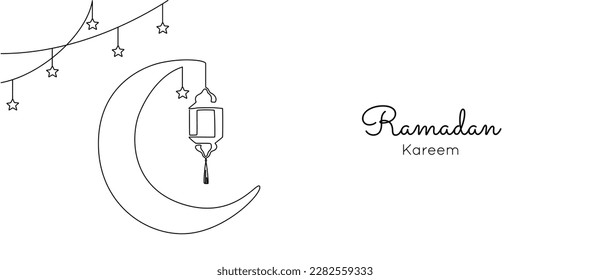Ramadan kareem en un contínuo dibujo en línea. Decoración islámica con linterna, estrella y luna en un estilo lineal simple. Celebración de festividades religiosas musulmanas. Trazo editable. Vector de contorno de perro
