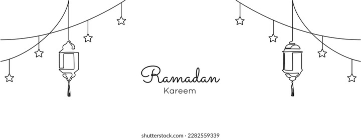 Ramadan kareem in one continuous line drawing. Islamic garlang decoration with lantern and stars in simple linear style. Muslim religious holiday celebration. Editable stroke. Outline vector