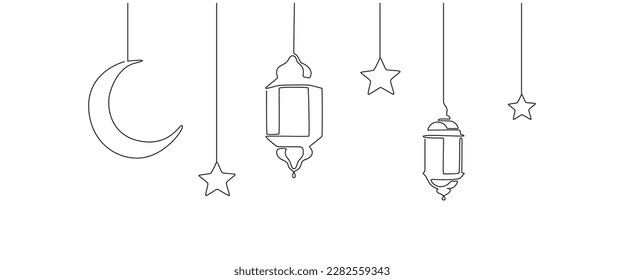 Ramadan kareem en un contínuo dibujo en línea. Decoración islámica con linterna, estrella y luna en un estilo lineal simple. Celebración de feriado religioso árabe. Trazo editable. Ilustración del vector Doodle