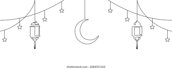 Ramadan kareem in one continuous line drawing. Islamic garlang decoration with lantern, star and moon in simple linear style. Muslim religious holiday celebration. Editable stroke. Outline vector