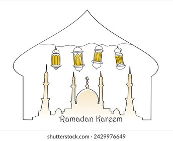 Ramadan Kareem in einer durchgehenden Strichzeichnung. Islamische Dekoration mit Laterne, Stern und Mond im schlichten linearen Stil. Religiöse Feier der Muslime. Doodle Vektor-Illustration
