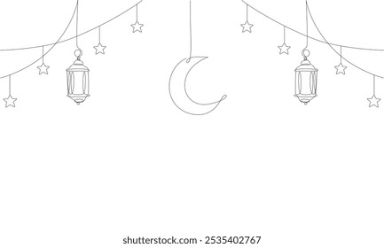 Ramadan kareem in one continuous line drawing. Islamic garlang decoration with lantern, star and moon in simple linear style. Muslim religious holiday celebration. Editable stroke. Outline vector