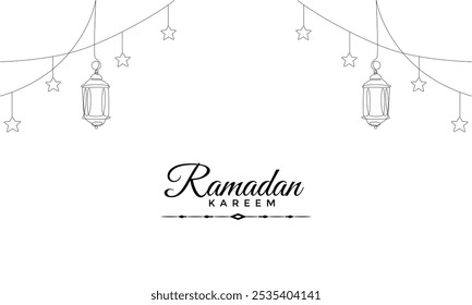 Ramadã kareem em um desenho de linha contínua. Decoração de garlang islâmico com lanterna e estrelas em estilo linear simples. Celebração religiosa muçulmana. Traçado editável. Vetor de contorno