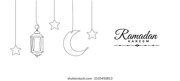 Ramadan kareem in one continuous line drawing. Islamic decoration with lanter, star and moon in simple linear style. Arabic religious holiday celebration. Editable stroke. Outline vector illustration