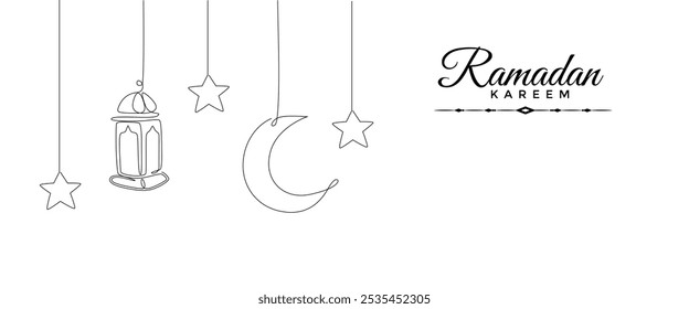 Ramadã kareem em um desenho de linha contínua. Decoração islâmica com planta, estrela e lua em estilo linear simples. Celebração religiosa árabe. Traçado editável. Ilustração do vetor de contorno