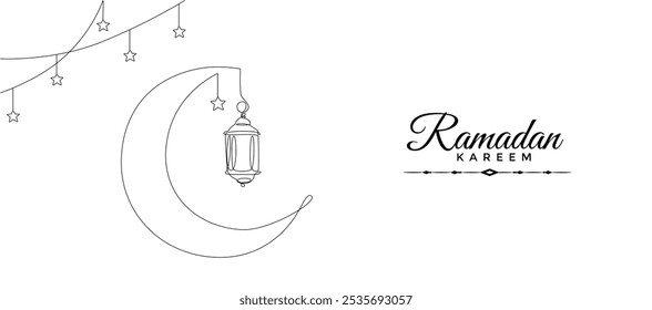 Ramadã kareem em um desenho de linha contínua. Decoração islâmica com planta, estrela e lua em estilo linear simples. Celebração religiosa árabe. Traçado editável. Ilustração do vetor de contorno