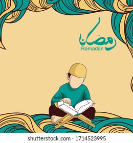 Ramadan kareem ornament line vector illustration background of boy worshiper in mosque.