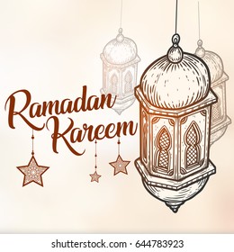 Ramadan Kareem ornamental lantern engraving sketch. Greeting card, invitation for muslim community holy month decoration. Ramadan Kareem Vector illustration